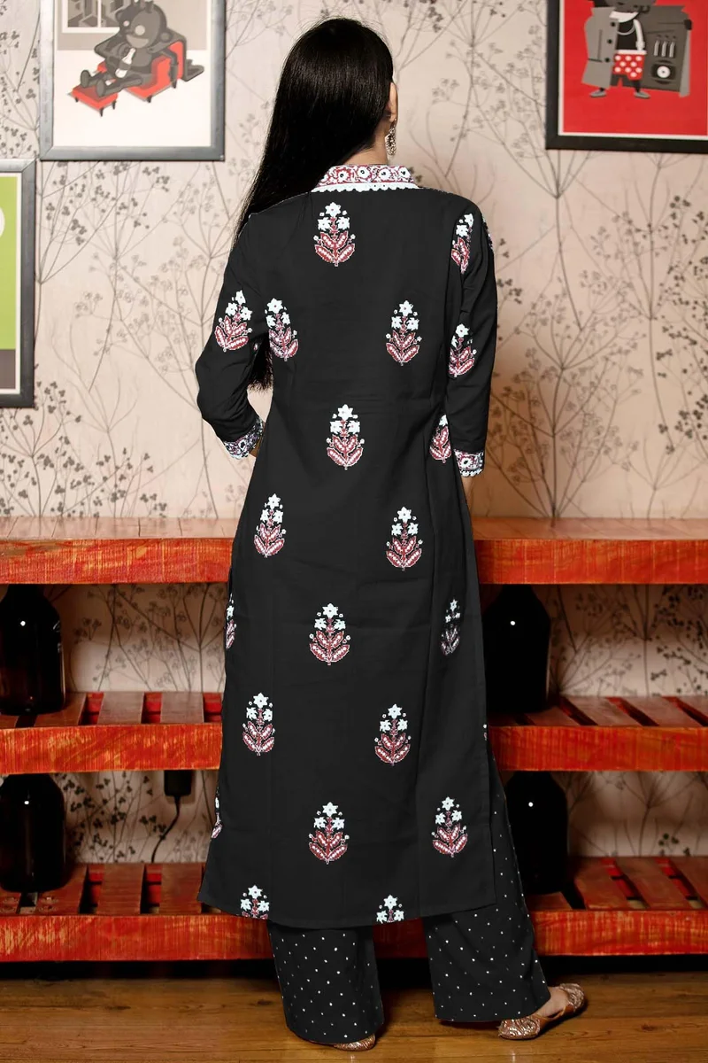 جو سريكي كورتا مستقيمة مطبوعة من رايون فيسكوز GoSriKi مع بنطال ودوباتا (Belagavi Black-VKS01-GS_L_Black_Large)